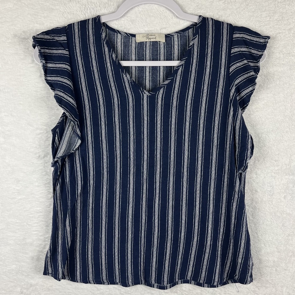 Beacon Apparel Women XS Blue White Striped Ruffle Sleeve V-Neck Rayon Blouse Top